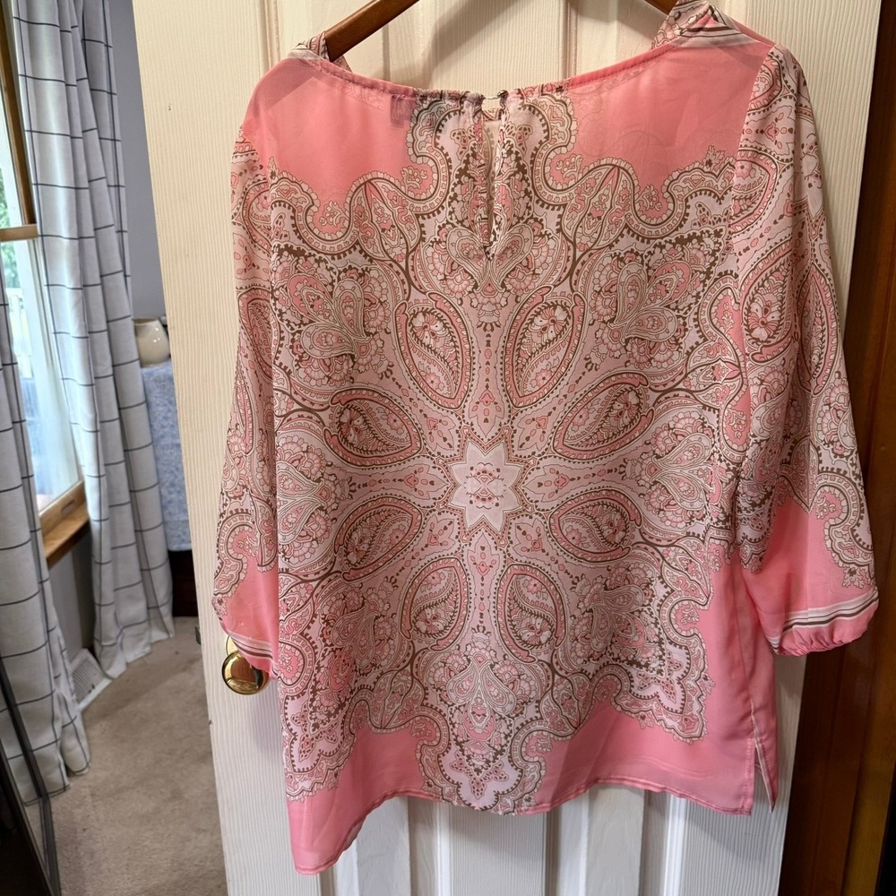 Joseph Ribkoff Sheer Pink Paisley Tunic Blouse Top 3/4 Sleeve Keyhole Size 12 - Picture 13 of 14